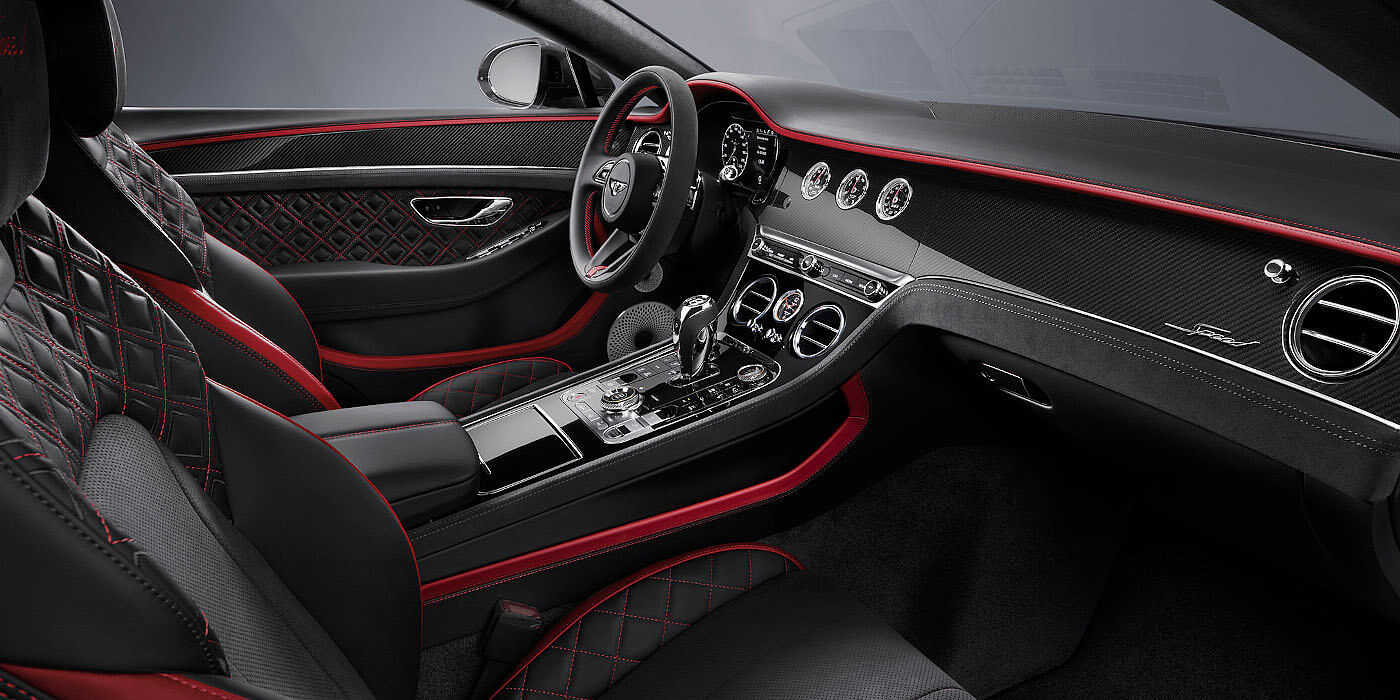 Bentley Katowice Bentley Continental GT Speed coupe front interior in Beluga black and Hotspur red hide