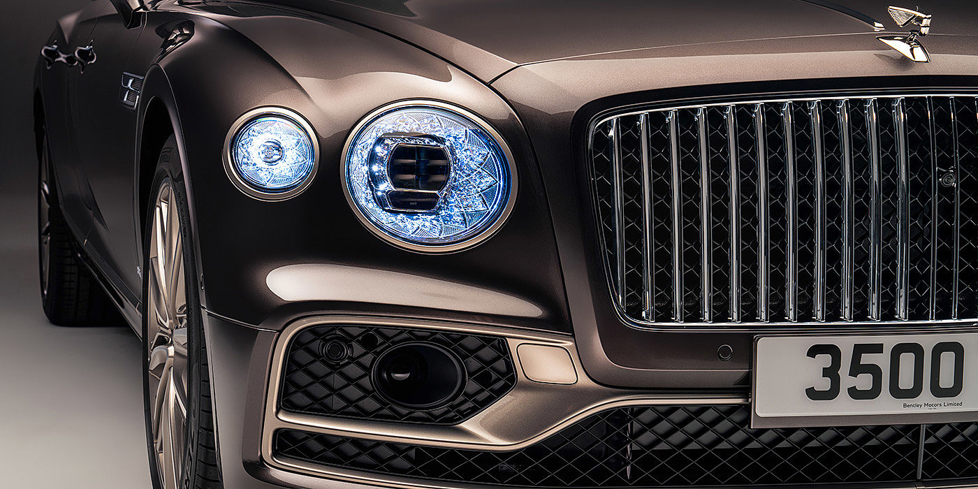 Bentley Katowice Bentley Flying Spur Odyssean sedan front grille and illuminated led lamps with Brodgar brown paint