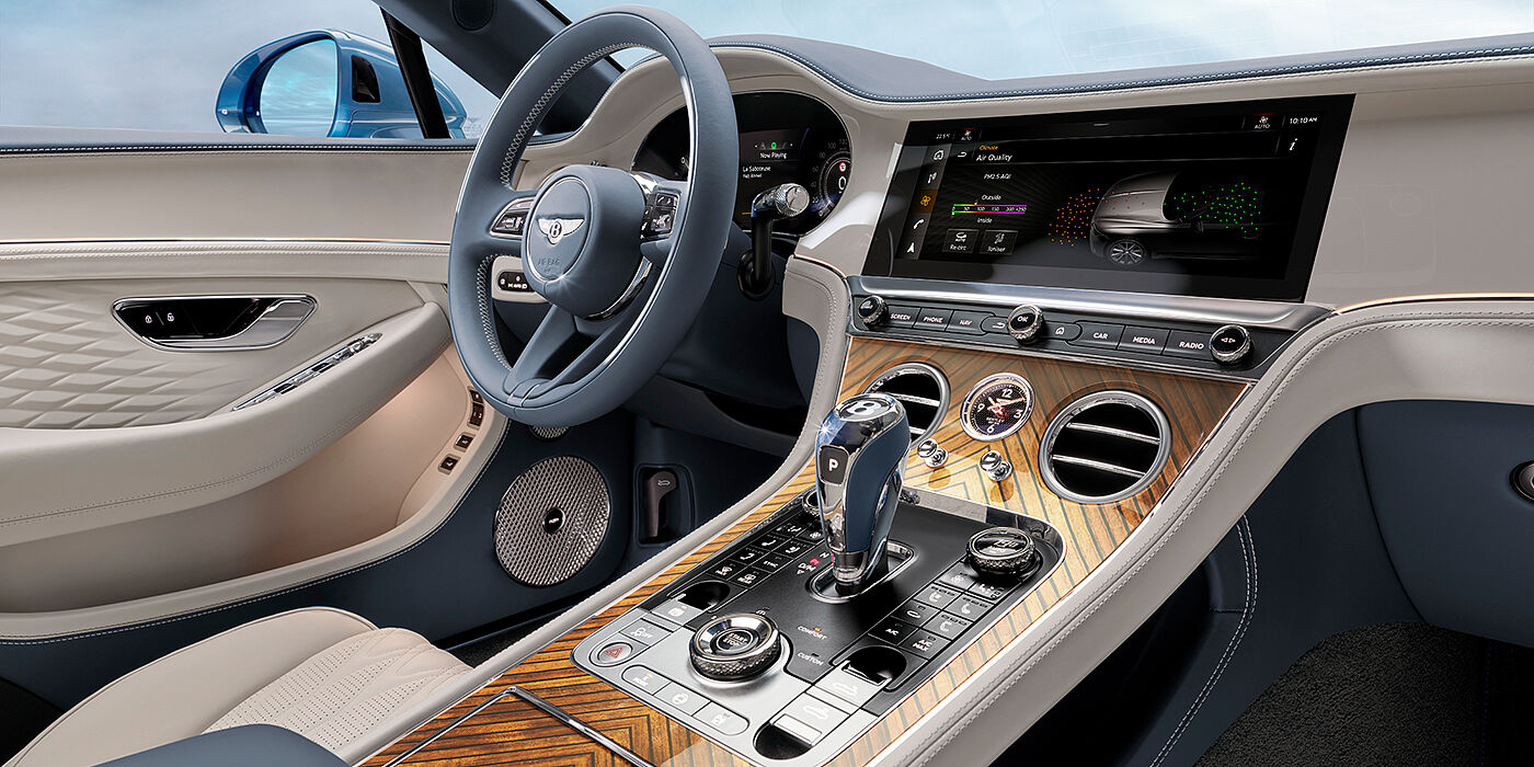 Bentley Katowice New Bentley Continental GTC Azure convertible interior front cabin view with Linen and Brunel hides and Piano Linen by Mulliner veneer featuring centre console and centre MMI screen