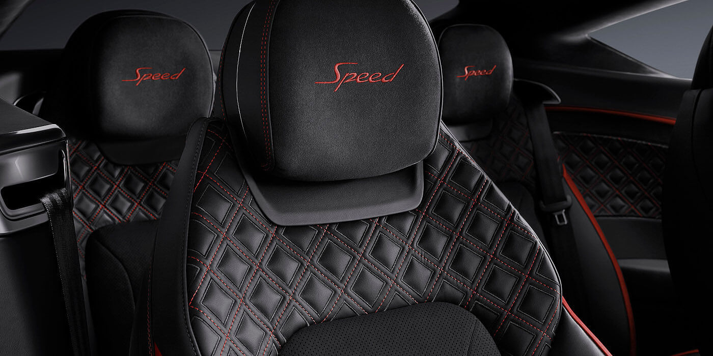 Bentley Katowice Bentley Continental GT Speed coupe seat close up in Beluga black and Hotspur red hide