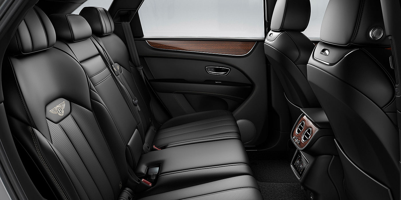 Bentley Katowice Bentey Bentayga interior view for rear passengers with Beluga black hide.