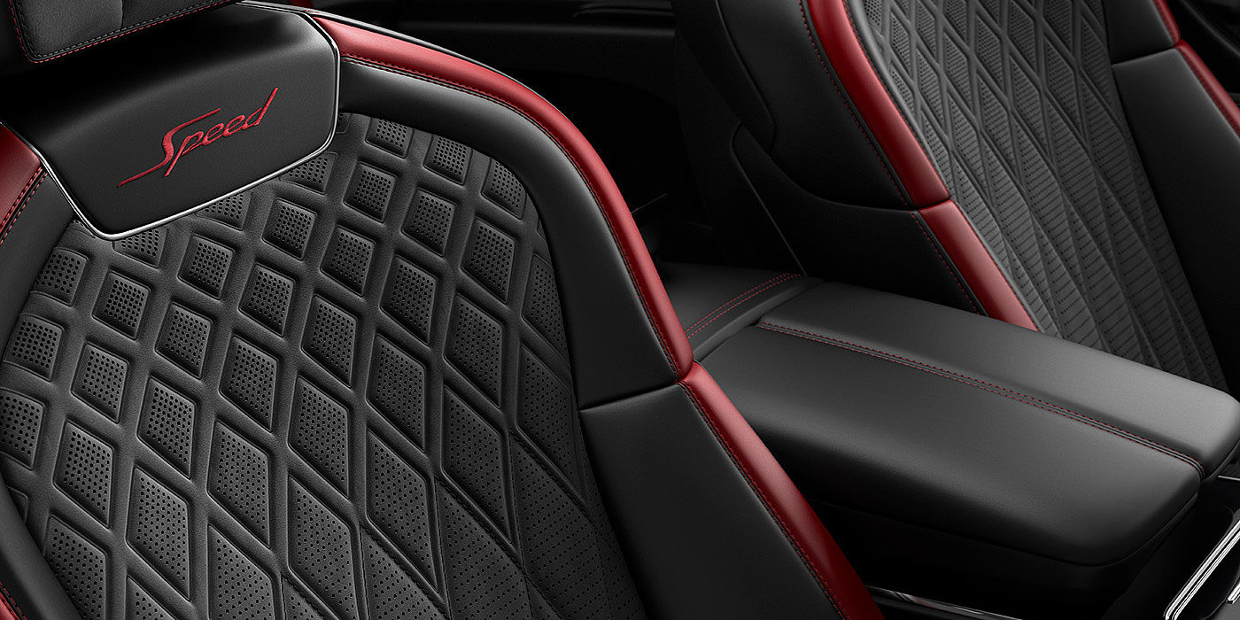 Bentley Katowice Bentley Flying Spur Speed sedan seat stitching detail in Beluga black and Cricket Ball red hide