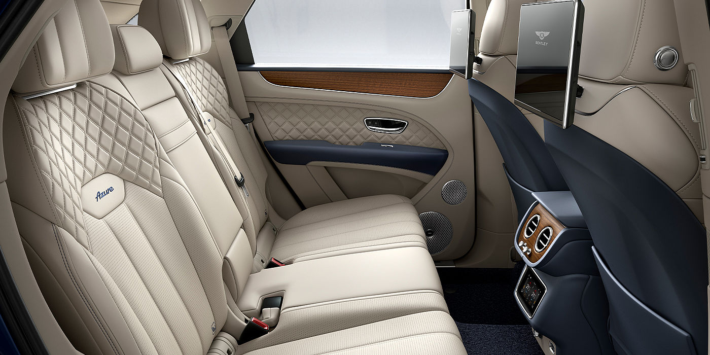 Bentley Katowice Bentley Bentayga Azure SUV rear interior in Imperial Blue and Linen hide