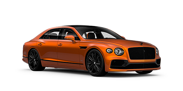 Bentley Katowice Bentley Flying Spur Speed front side angled view in Orange Flame coloured exterior. 