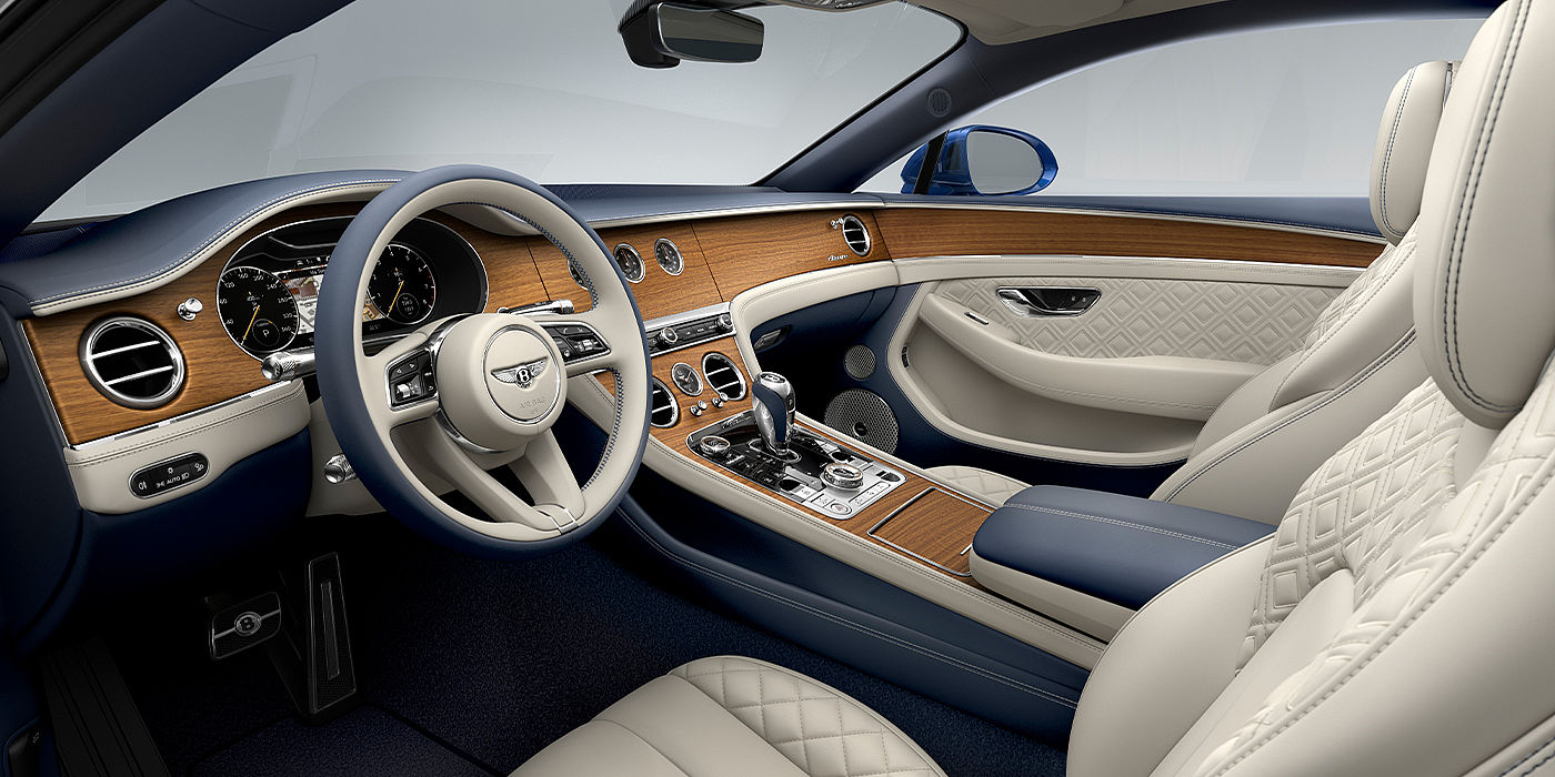 Bentley Katowice Bentley Continental GT Azure coupe front interior in Imperial Blue and linen hide