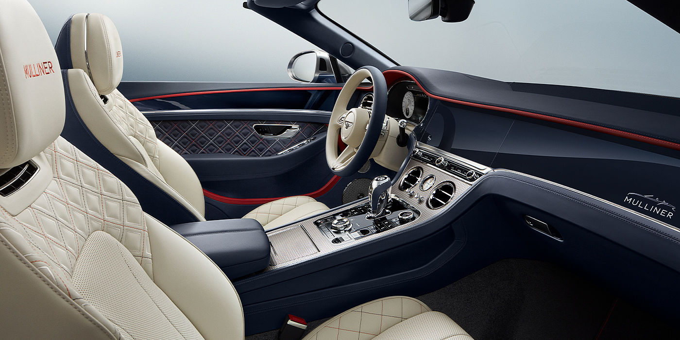 Bentley Katowice Bentley Continental GTC Mulliner convertible front interior in Imperial Blue and Linen hide