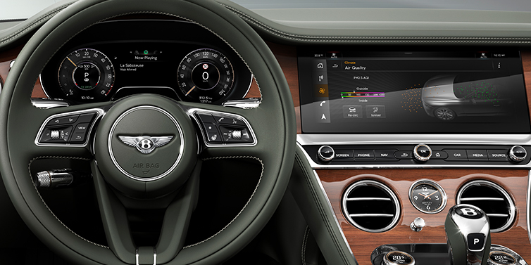Bentley Katowice New Bentley Continental GTC convertible front interior steering wheel view, with Beluga black leather and Crown Cut walnut veneer